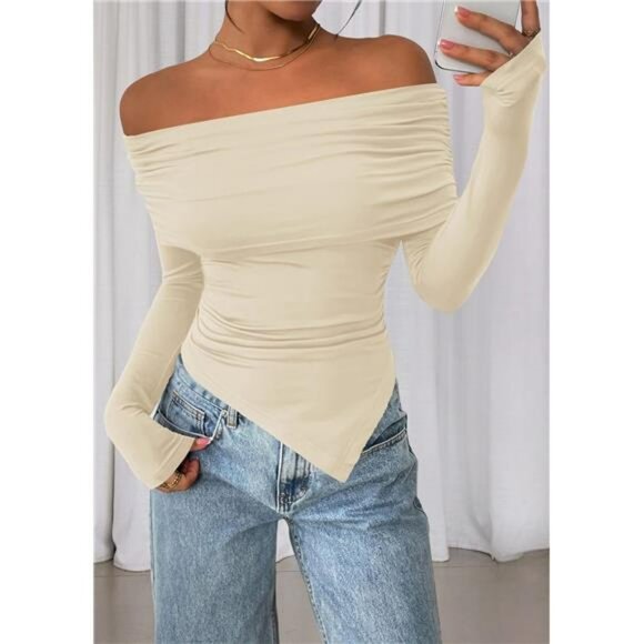 Womens Off Shoulder Long Sleeve Top Fitted Y2K Fall Going Out Blouse Trendy - Picture 4 of 7